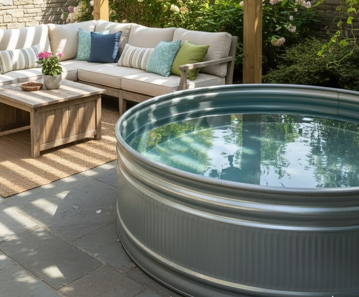 Photo du bassin installé dans un jardin